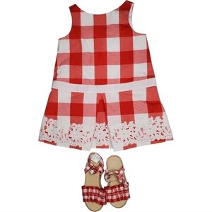 {Janie & Jack} Red and White Gingham Check Dress with Lace & Sandals